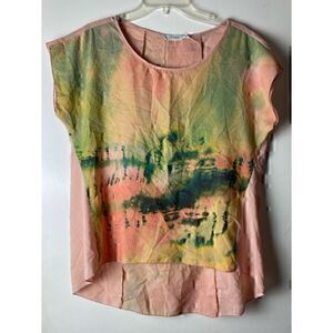 Fun Pink, Green & Yellow Flowy Short Sleeve Blouse by Blu Pepper Size Large
